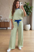 Yellow Stripe Colorblock Trim Crew Neck Loose Tee Drawstring Elastic Waist 2pcs Pant Set