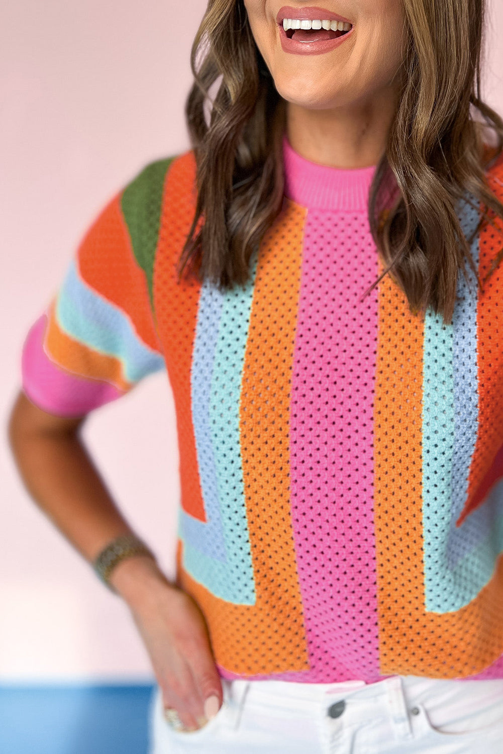 Orange Color Block Eyelet Casual Sweater T Shirt