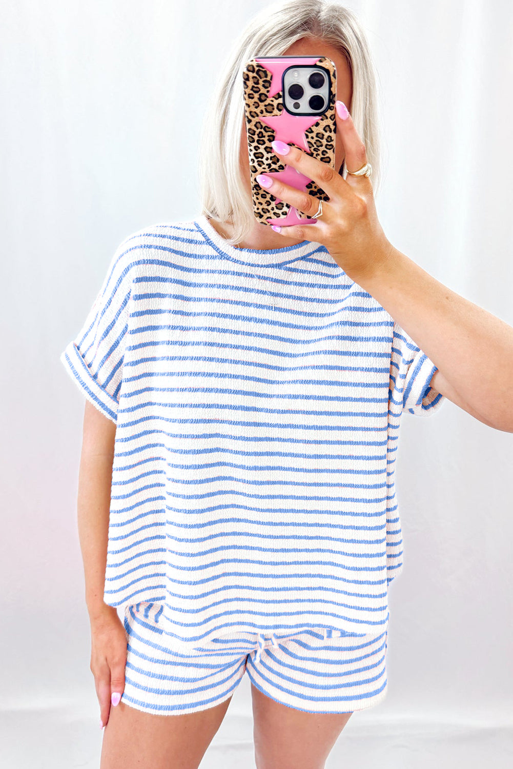 Sky Blue Stripe Knitted Short Sleeve Top and Drawstring Shorts Set