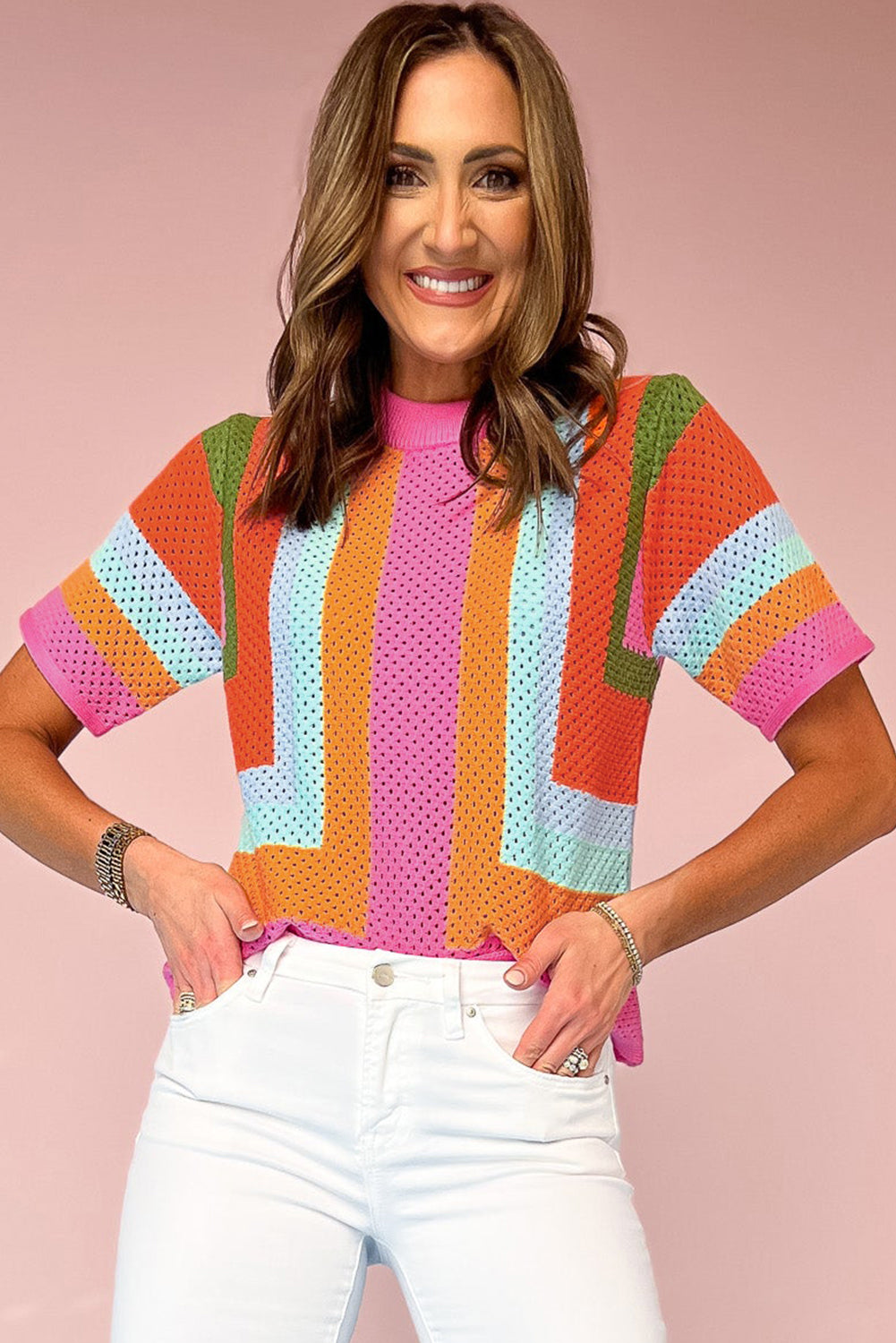 Orange Color Block Eyelet Casual Sweater T Shirt