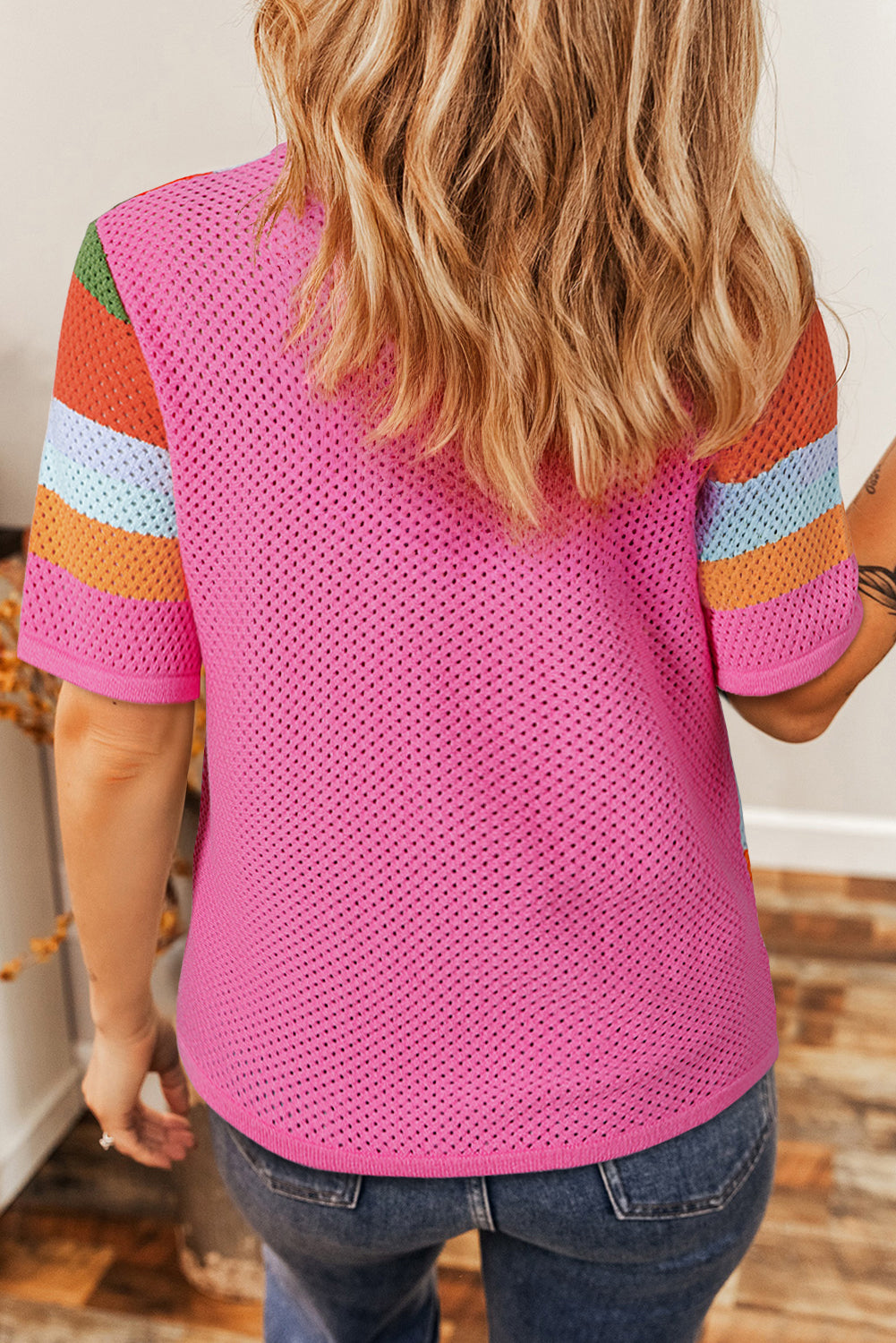 Orange Color Block Eyelet Casual Sweater T Shirt