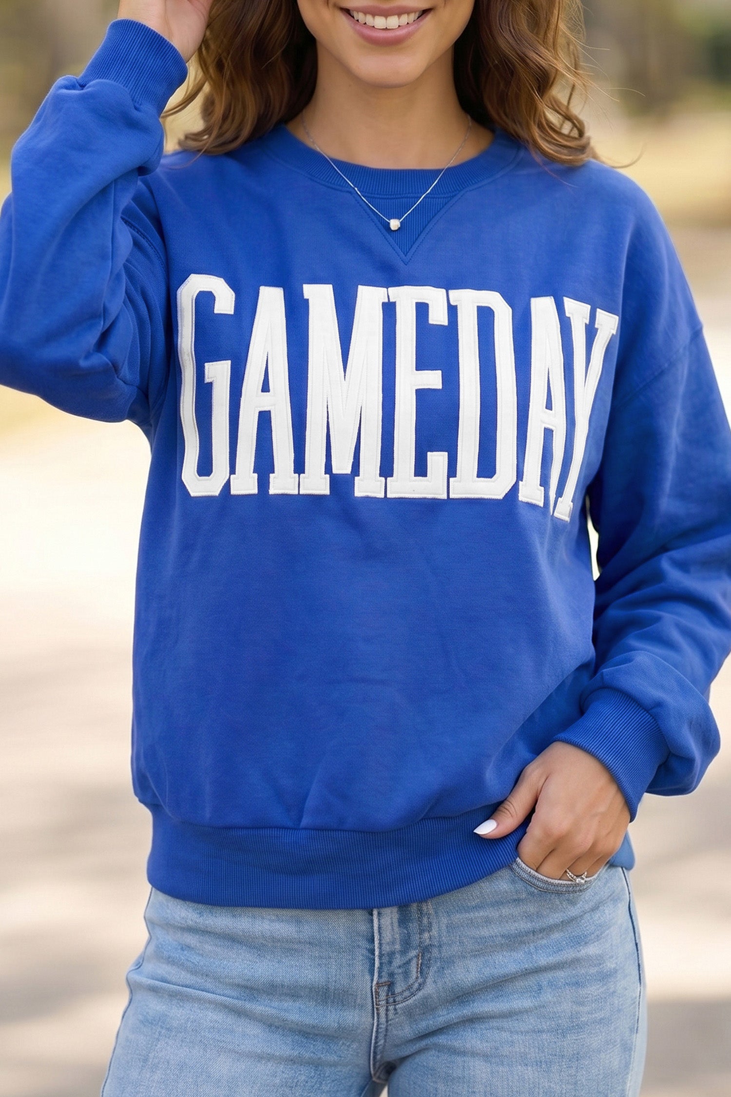 Fiery Red GAMEDAY Embroidered Patch Pattern Casual Shift Sweatshirt