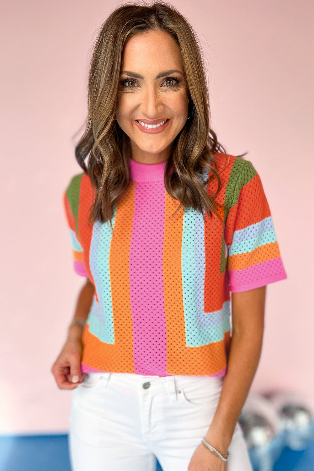 Orange Color Block Eyelet Casual Sweater T Shirt
