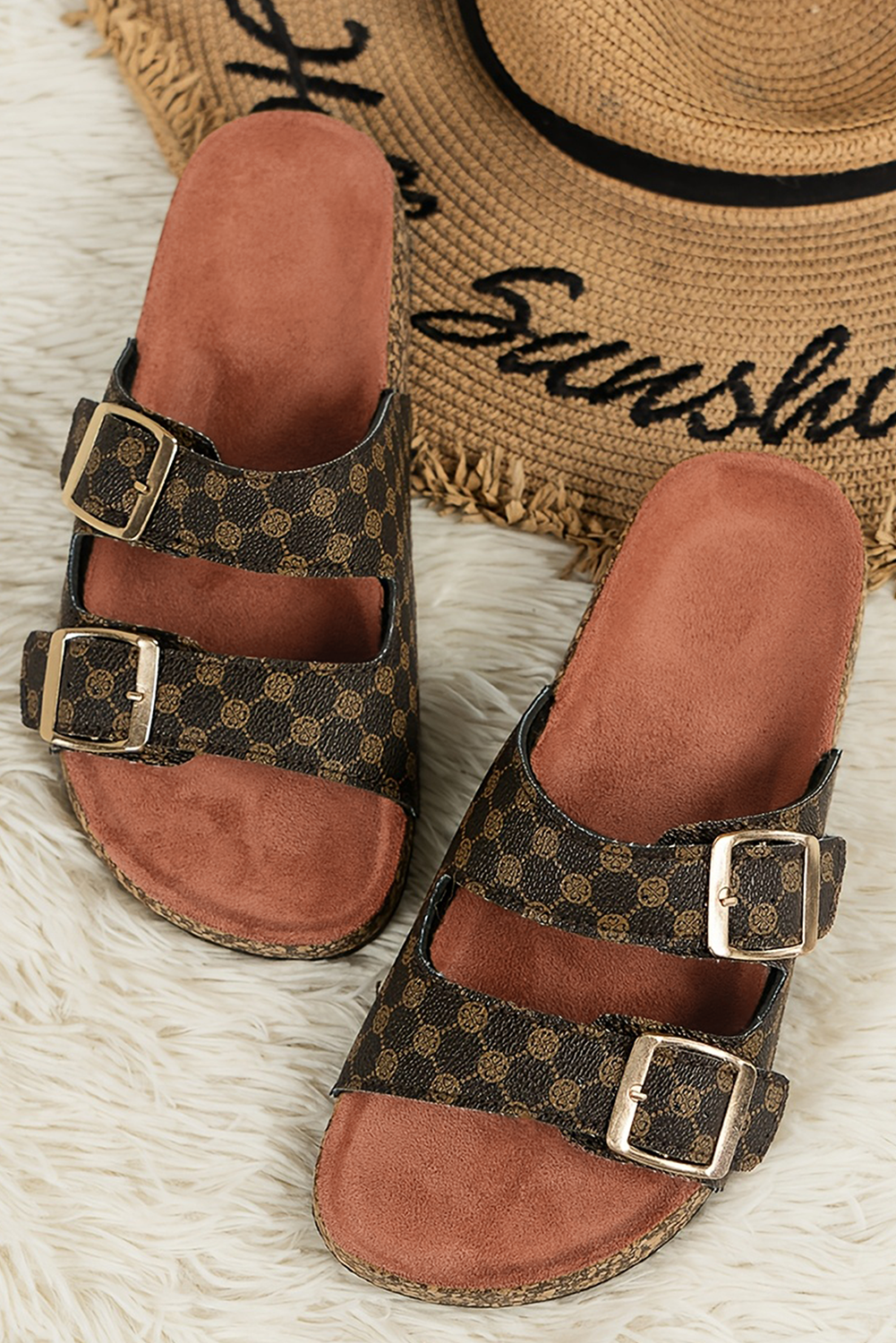 Coffee Geometric Print Cut Out Buckle PU Leather Flat Slippers
