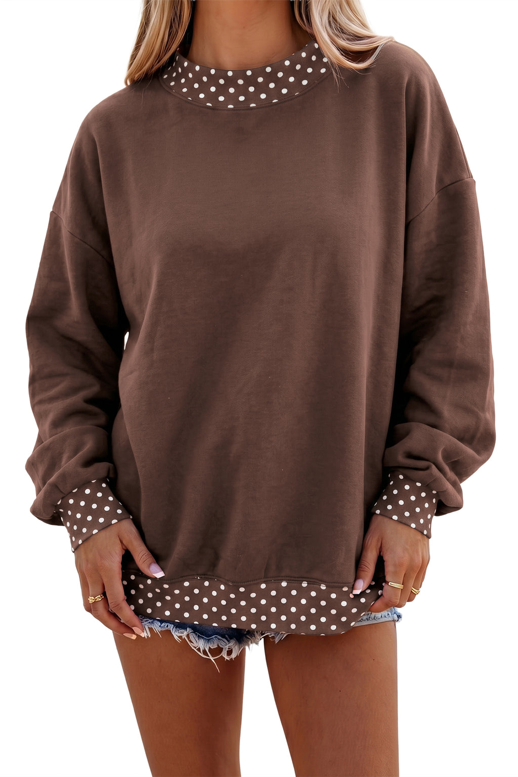 Orange Colorblock Polka Dot Contrast Trim Oversized Sweatshirt