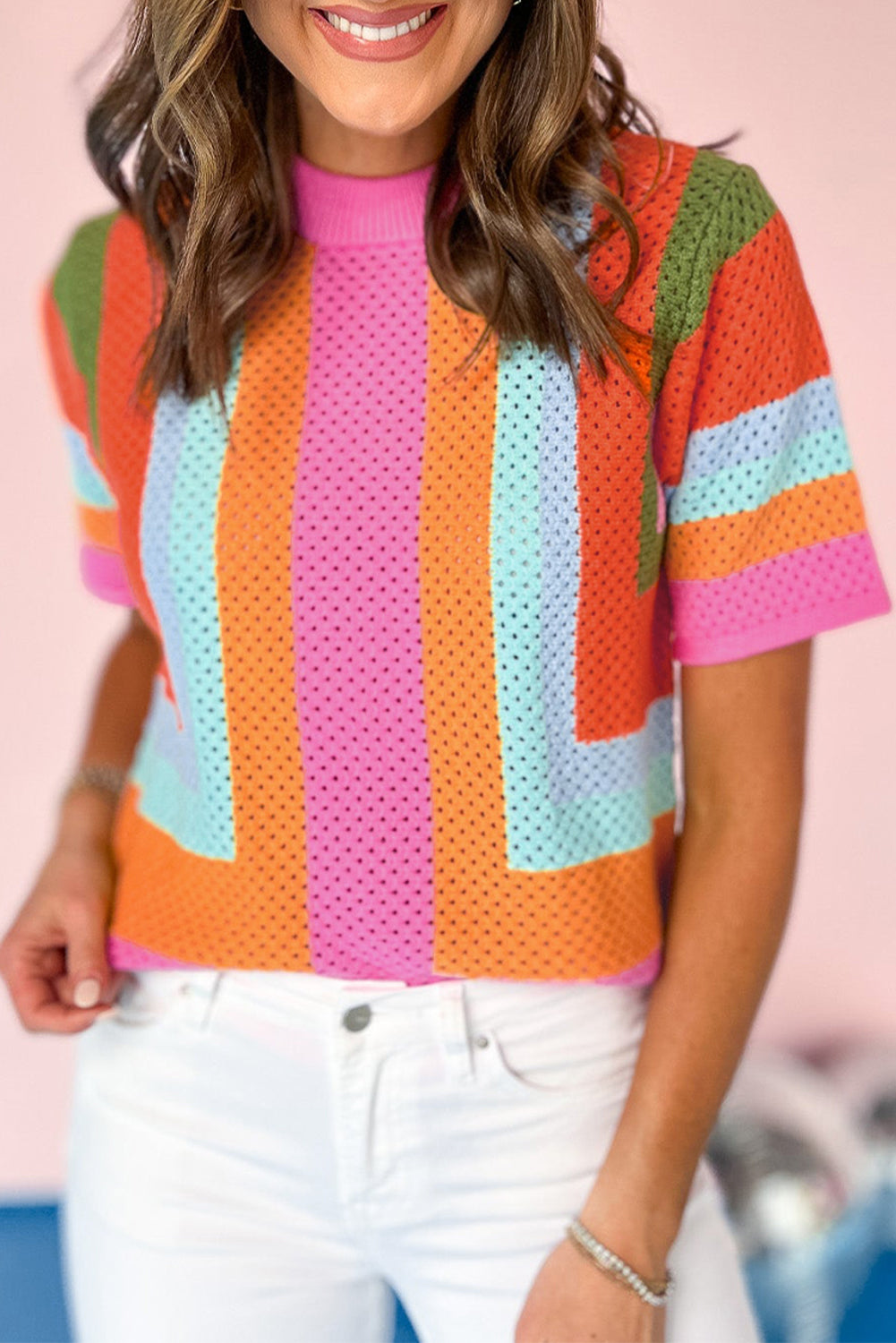 Orange Color Block Eyelet Casual Sweater T Shirt