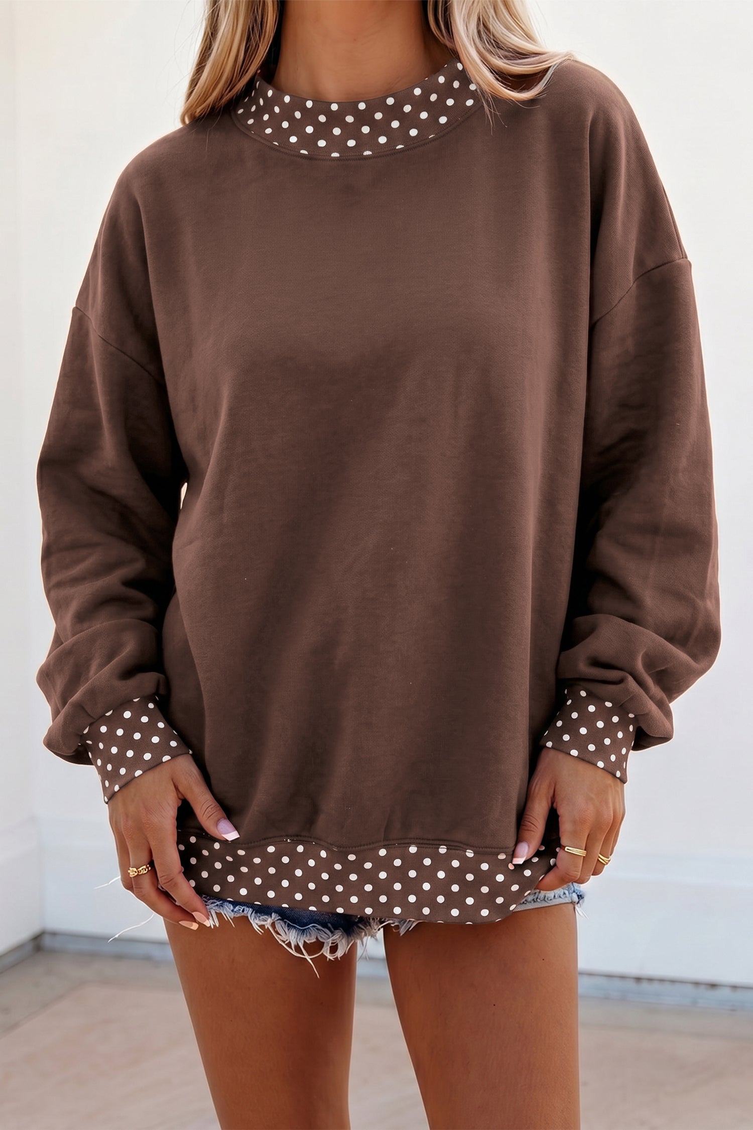 Orange Colorblock Polka Dot Contrast Trim Oversized Sweatshirt