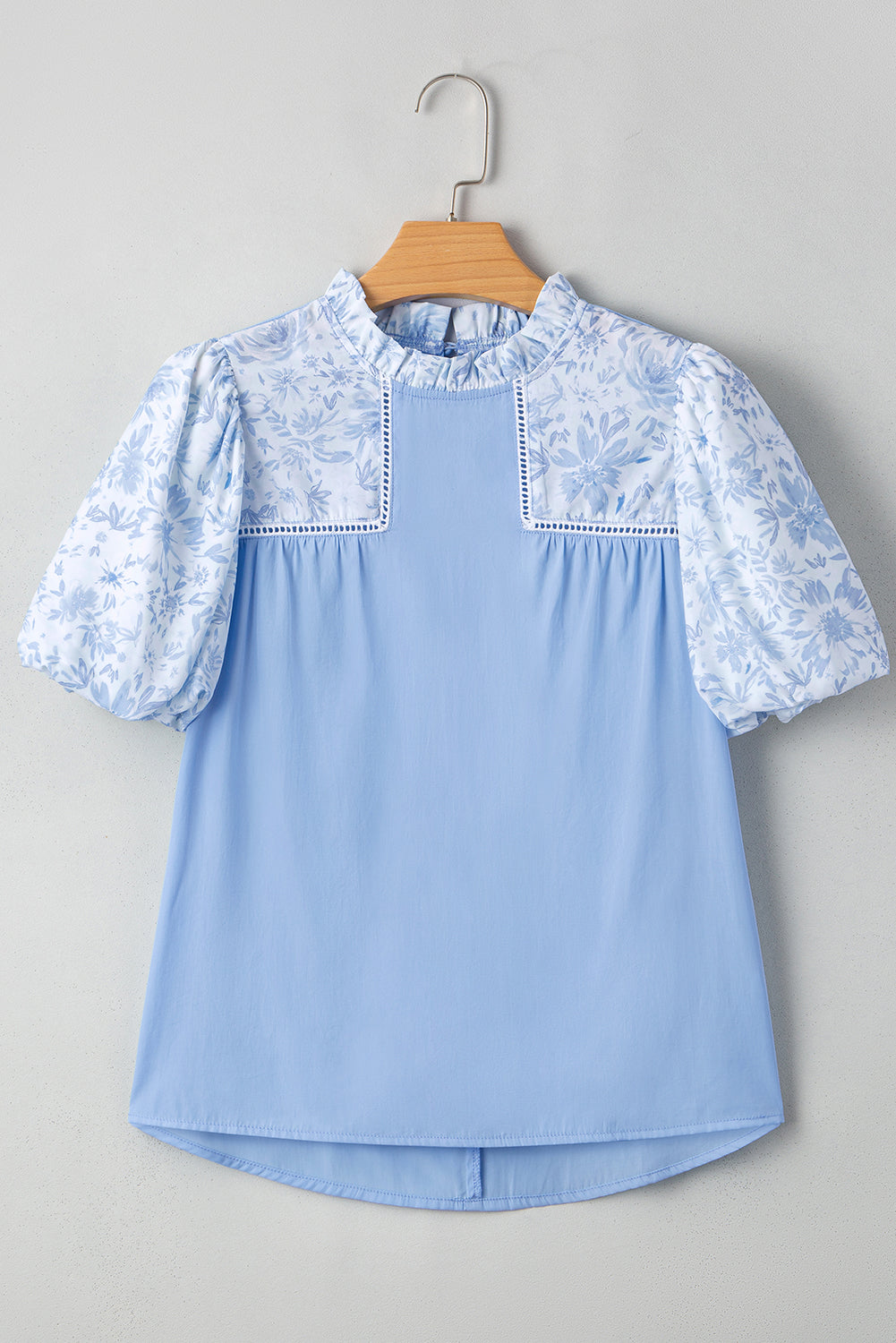 Beau Blue Lace Insert Floral Puff Sleeve Patchwork Loose Blouse